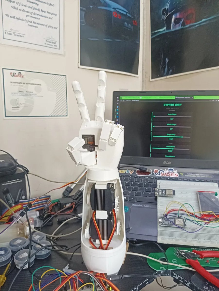 CipherGrip bionic hand prototype on the bench